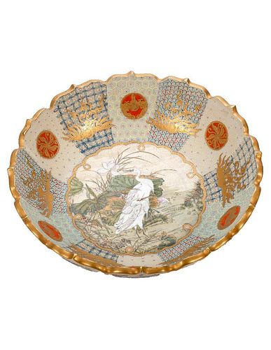 Satsuma Barbed Rim Bowl with Cranes, Mid-20th Century.