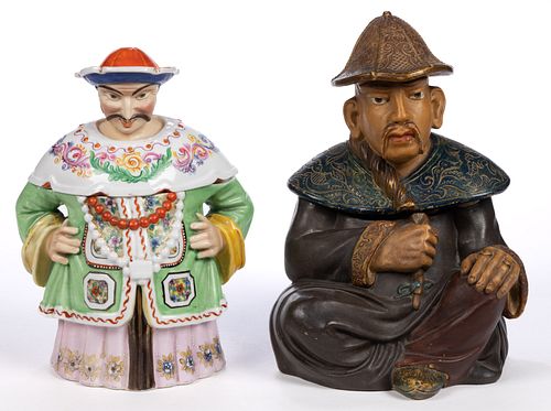 CONTINENTAL CERAMIC / PORCELAIN LARGE FIGURAL ASIAN HUMIDORS, LOT OF TWO