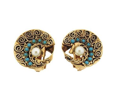 14K Gold Pearl Blue Stone Disc Earrings