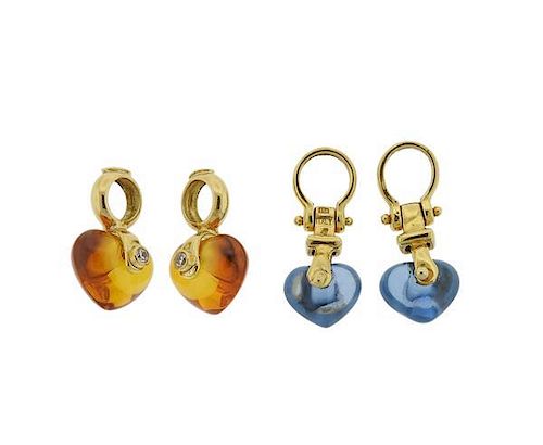 14k Gold Diamond Blue Orange Stone Heart Earrings Pendants