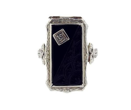 Art Deco 14k Gold Onyx Diamond Poison Ring