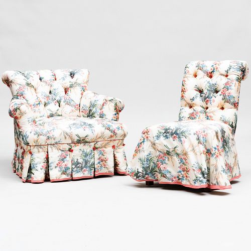 Chintz Tufted Upholstered Club Chair with a Matching Slipper Chair, Designed by Mario Buatta