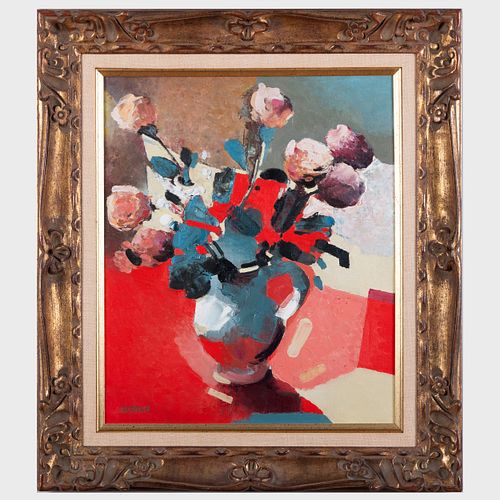 Roland Bierge (1922-1991): Bouquet à la nappe rouge