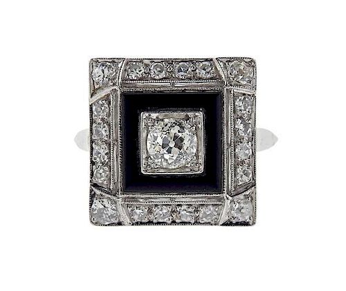 Art Deco Platinum Diamond Onyx Square Ring