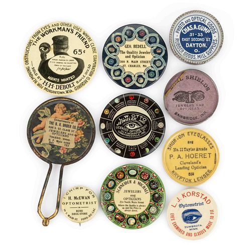 ASSORTED MIDWESTERN OPTOMETRIST ADVERTISING POCKET MIRRORS / ARTICLES, LOT OF TEN