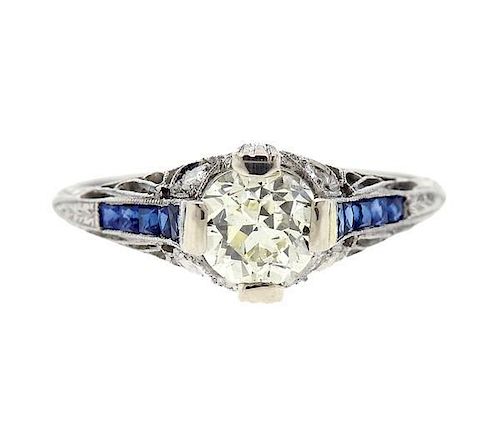 Art Deco Platinum 1.08ct Diamond Blue Stone Ring