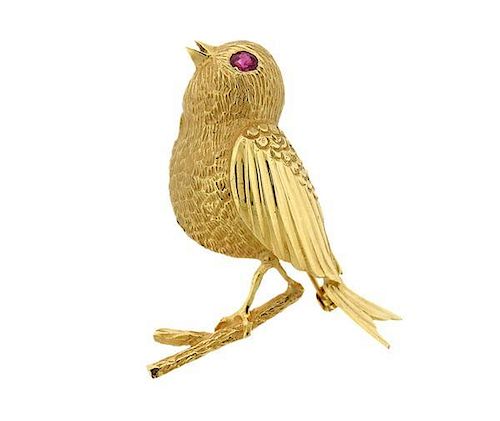 18k Gold Red Stone Bird Brooch Pin