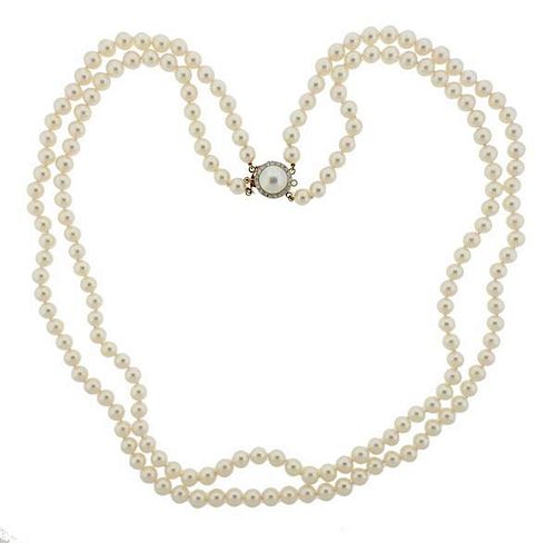 14K Gold Diamond Pearl 2 Strand Necklace