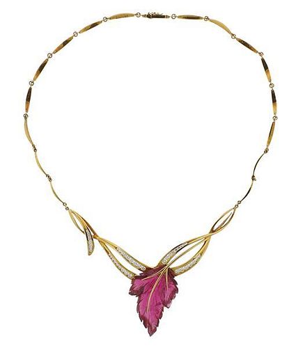 18K Gold Diamond Pink Stone Leaf Motif Necklace
