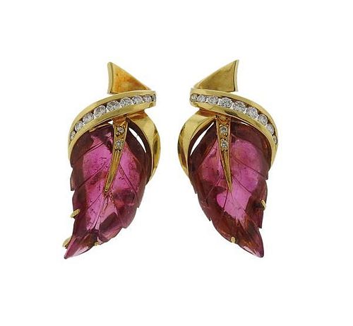 18K Gold Diamond Pink Stone Leaf Motif Earrings