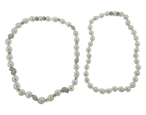 18k Gold Pearl Diamond Necklace Set of 2
