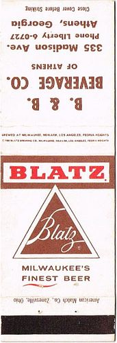 1961 Blatz Beer 114mm WI-PAB-10-BBB Match Cover Milwaukee Wisconsin