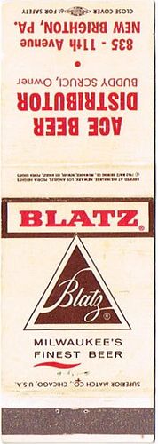 1962 Blatz Beer 115mm WI-BZ-17-ABD Match Cover Milwaukee Wisconsin