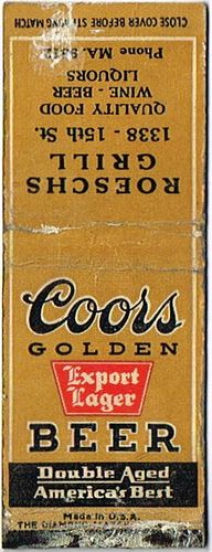 1936 Coors Golden Beer 113mm CO-AC-10-ROESC Match Cover Golden Colorado
