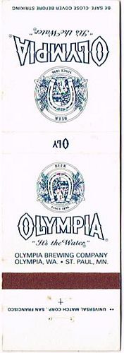 1977 Olympia Beer 114mm WA-OLY-13 Match Cover Tumwater Washington