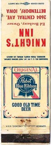 1964 Pabst Blue Ribbon Beer 112mm WI-PAB-37-KI Match Cover Milwaukee Wisconsin