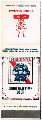1964 Pabst Blue Ribbon Beer 112mm WI-PAB-37-TIKIL Match Cover Milwaukee Wisconsin