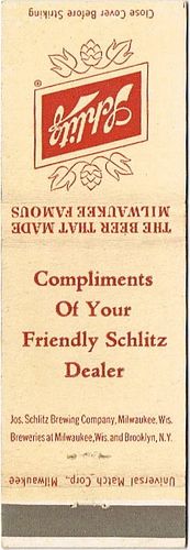 1952 Schlitz Beer 113mm WI-SCHLITZ-14-1 Match Cover Milwaukee Wisconsin
