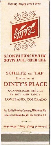 1959 Schlitz Beer 113mm WI-SCHLITZ-12-DP Match Cover Milwaukee Wisconsin
