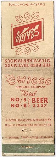 1952 Schlitz Beer 113mm WI-SCHLITZ-14-CHICOBC Match Cover Milwaukee Wisconsin
