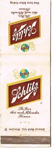 1967 Schlitz Beer 111mm WI-SCHLITZ-16 Match Cover Milwaukee Wisconsin