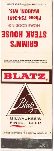 1962 Blatz Beer 115mm WI-BZ-17-GSH Match Cover Milwaukee Wisconsin