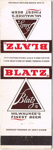 1963 Blatz Beer 115mm WI-BZ-11-0 Match Cover Milwaukee Wisconsin