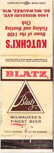 1962 Blatz Beer 115mm WI-BZ-17-KUTCH Match Cover Milwaukee Wisconsin