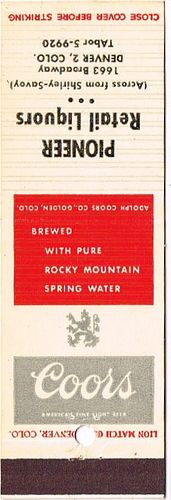 1965 Coors Beer 114mm CO-AC-22-PRL Match Cover Golden Colorado