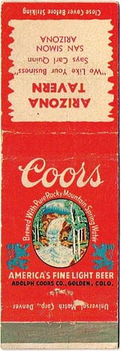 1948 Coors Beer 113mm CO-AC-18-ARIT Match Cover Golden Colorado