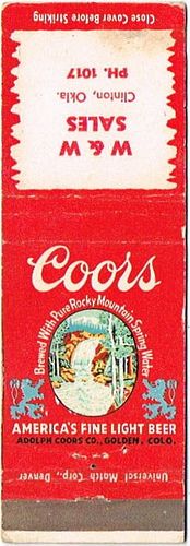 1948 Coors Beer 113mm CO-AC-18-WWS Match Cover Golden Colorado
