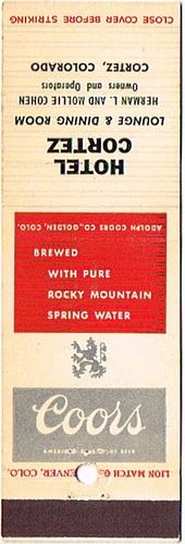 1965 Coors Beer 114mm CO-AC-22-HC Match Cover Golden Colorado