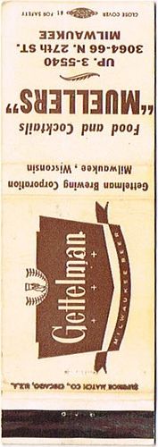 1961 Gettelman Beer 115mm WI-GET-16-MUELL Match Cover Milwaukee Wisconsin