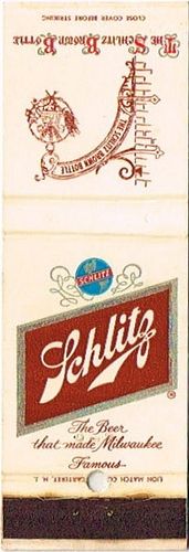 1960 Schlitz Beer 113mm WI-SCHLITZ-GH4 Match Cover Milwaukee Wisconsin