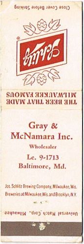 1952 Schlitz Beer 113mm WI-SCHLITZ-14-G&MI2 Match Cover Milwaukee Wisconsin