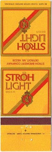 1977 Stroh Light Beer 113mm MI-STROH-SL-1 Match Cover Detroit Michigan