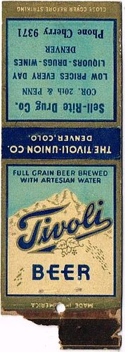 1936 Tivoli Beer 113mm CO-TIV-3-SRDC Match Cover Denver Colorado