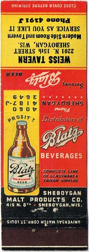 1939 Blatz Beer 110mm WI-BZ-SMP-WT1 Match Cover Milwaukee Wisconsin