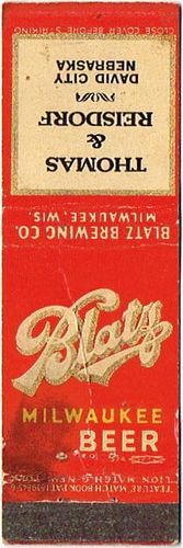 1935 Blatz Milwaukee Beer WI-BZ-F2-TR Match Cover Milwaukee Wisconsin