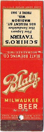 1935 Blatz Milwaukee Beer WI-BZ-F2-ST Match Cover Milwaukee Wisconsin