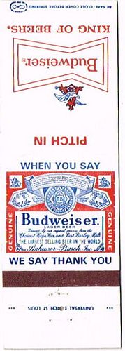1970 Budweiser Beer 113mm MO-AB-27x Match Cover St. Louis Missouri