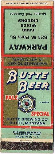 1945 Butte Beer MT-BUTTE-8-PAR Match Cover Butte Montana