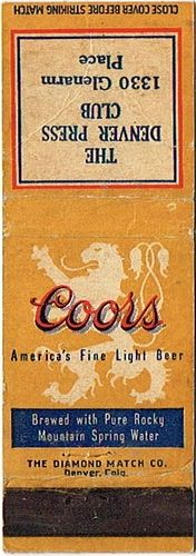 1949 Coors Beer 113mm CO-AC-14-DPC Match Cover Golden Colorado