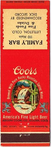 1948 Coors Beer 114mm CO-AC-19-FB Match Cover Golden Colorado