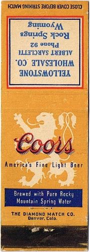 1949 Coors Beer 113mm CO-AC-14-YWC Match Cover Golden Colorado