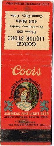 1948 Coors Beer 113mm CO-AC-17-GLS Match Cover Golden Colorado