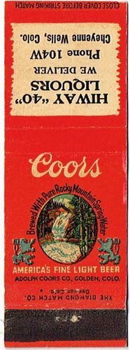 1948 Coors Beer 113mm CO-AC-17-H40L Match Cover Golden Colorado