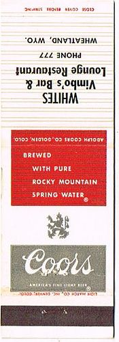 1965 Coors Beer 114mm CO-AC-22-WVBLR Match Cover Golden Colorado