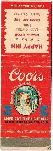 1948 Coors Beer 113mm CO-AC-18-HAPPY Match Cover Golden Colorado