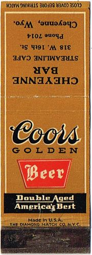 1935 Coors Golden Beer 113mm CO-AC-8-CBSC Match Cover Golden Colorado